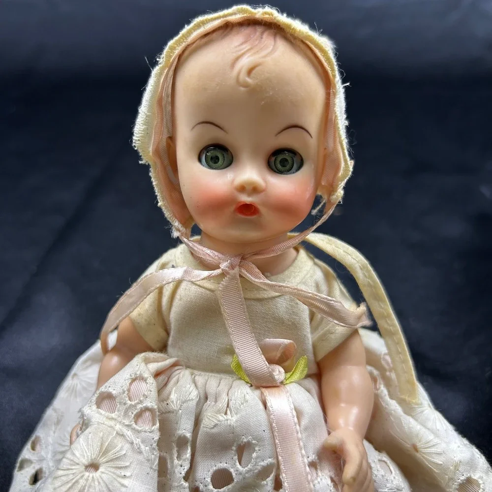 Vintage Miniature Baby Doll with Sleep Eyes Eyelet Lace Dress and Bonnet Cream